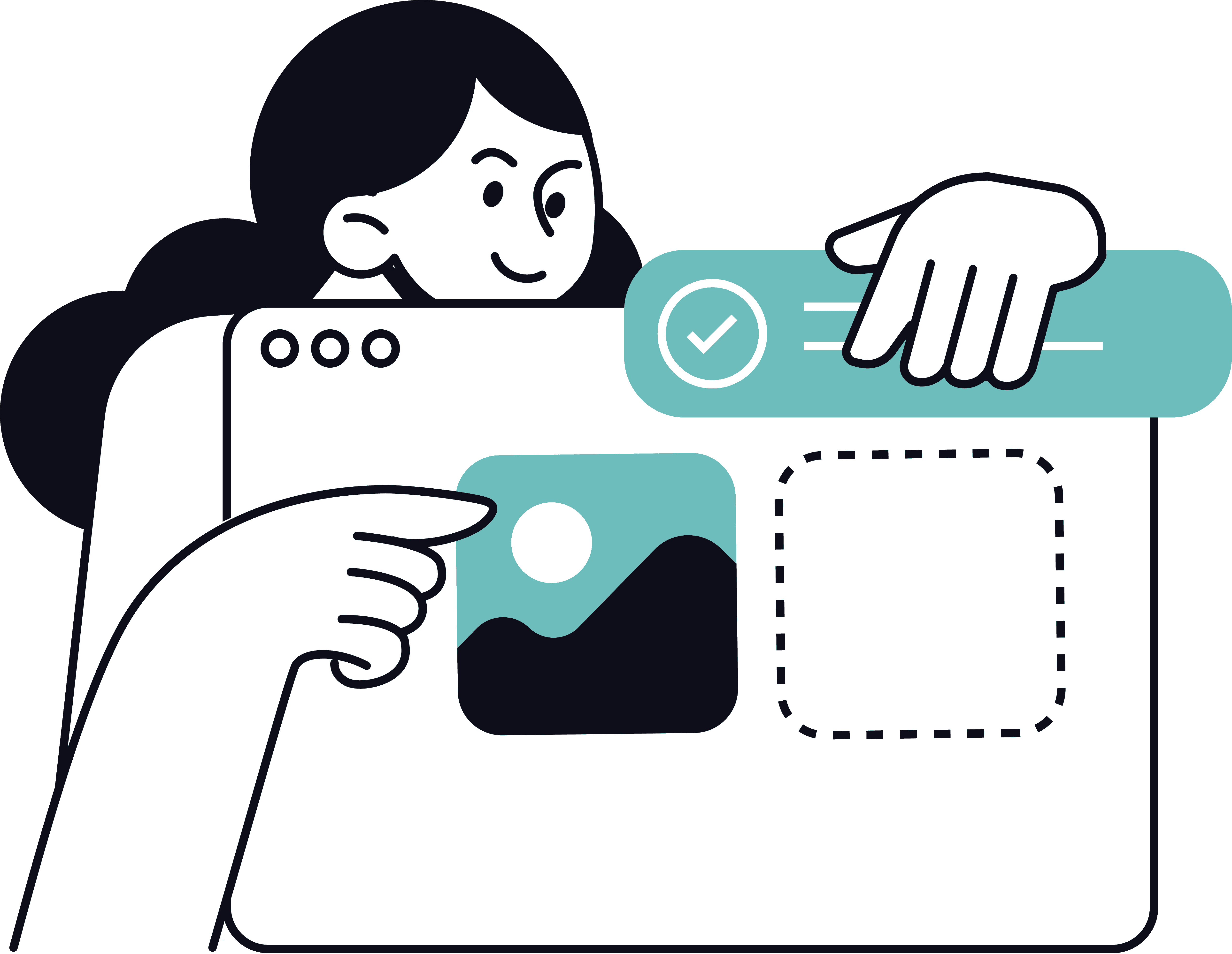 Illustration of a person designing a web layout with a checkmark icon